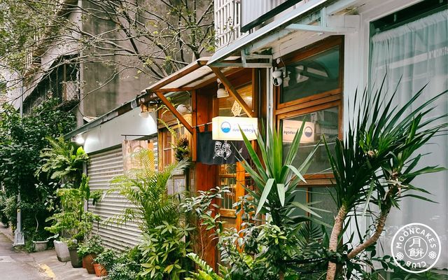 A small shopfront with vintage wooden awning and door and many plants